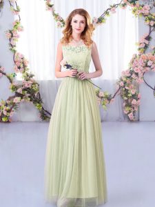 Sweet Floor Length Yellow Green Quinceanera Court of Honor Dress Tulle Sleeveless Lace and Belt