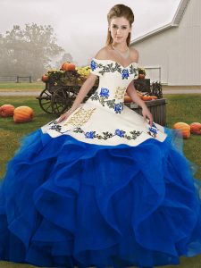 Royal Blue Off The Shoulder Neckline Embroidery and Ruffles Ball Gown Prom Dress Sleeveless Lace Up