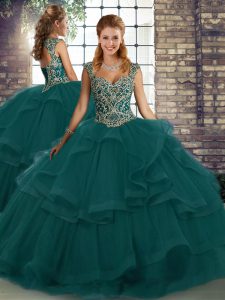 Tulle Straps Sleeveless Lace Up Beading and Ruffles Sweet 16 Dress in Peacock Green