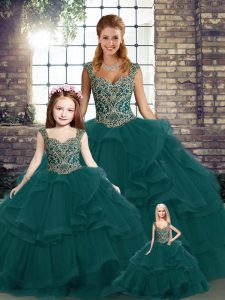 Comfortable Sleeveless Floor Length Beading and Ruffles Lace Up Sweet 16 Dresses with Peacock Green