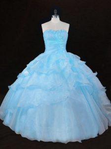 Aqua Blue Ball Gowns Organza Sweetheart Sleeveless Ruffles Floor Length Lace Up Quinceanera Dresses