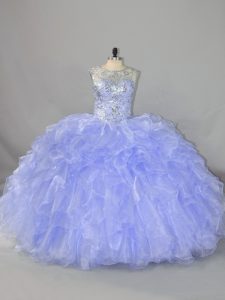 Scoop Sleeveless 15th Birthday Dress Floor Length Beading and Ruffles Lavender Organza