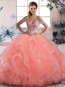 Floor Length Peach 15th Birthday Dress Tulle Sleeveless Beading and Ruffles