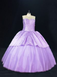 Cute Satin and Tulle Scoop Sleeveless Lace Up Beading Quinceanera Dresses in Lavender
