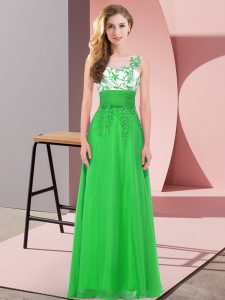 Elegant Green Chiffon Backless Quinceanera Court of Honor Dress Sleeveless Floor Length Appliques
