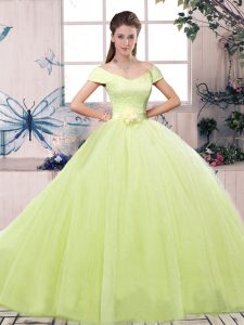 Tulle Short Sleeves Floor Length Quinceanera Gown and Lace and Hand Made Flower