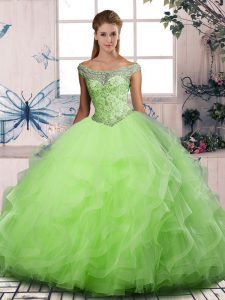 Hot Sale Tulle Off The Shoulder Sleeveless Lace Up Beading and Ruffles Sweet 16 Dresses in
