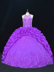 Romantic Purple Sweet 16 Quinceanera Dress Sweet 16 and Quinceanera with Beading and Appliques and Embroidery and Pick Ups High-neck Sleeveless Lace Up