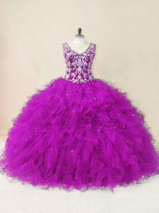 Tulle V-neck Sleeveless Backless Beading Quince Ball Gowns in Fuchsia