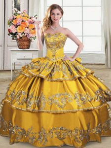 Adorable Floor Length Lace Up Quinceanera Dress Gold for Sweet 16 and Quinceanera with Embroidery and Ruffled Layers