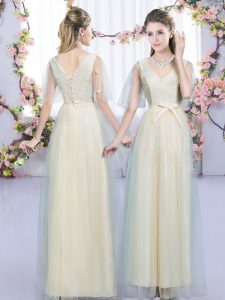 Chic Champagne Sleeveless Floor Length Lace and Bowknot Lace Up Damas Dress