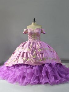 Top Selling Lavender Lace Up Off The Shoulder Beading and Embroidery and Ruffles 15 Quinceanera Dress Organza Sleeveless Chapel Train