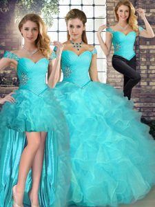 Flare Sleeveless Organza Floor Length Lace Up Quinceanera Dress in Aqua Blue with Beading and Ruffles