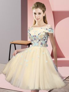 Short Sleeves Tulle Knee Length Lace Up Quinceanera Court of Honor Dress in Gold with Appliques