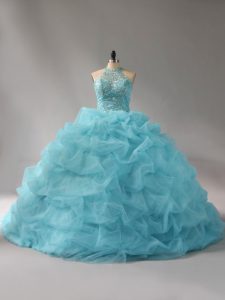 Court Train Ball Gowns Quinceanera Gown Aqua Blue Halter Top Organza Sleeveless Lace Up