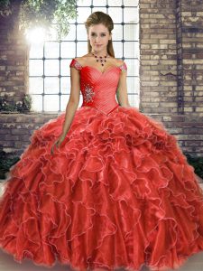 Best Selling Off The Shoulder Sleeveless Sweet 16 Quinceanera Dress Brush Train Beading and Ruffles Coral Red Organza