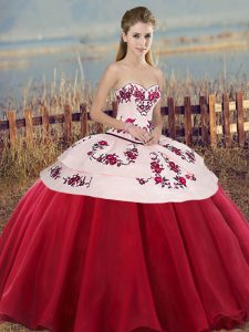 Affordable Floor Length Lace Up Quinceanera Dresses White And Red for Military Ball and Sweet 16 and Quinceanera with Embroidery and Bowknot