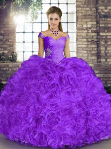 Chic Off The Shoulder Sleeveless Lace Up Quinceanera Dresses Lavender Organza