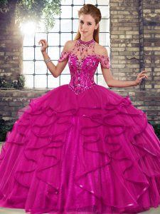 Fashionable Fuchsia Sweet 16 Quinceanera Dress Military Ball and Sweet 16 and Quinceanera with Beading and Ruffles Halter Top Sleeveless Lace Up