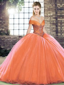 Organza Off The Shoulder Sleeveless Brush Train Lace Up Beading Quinceanera Gown in Orange Red