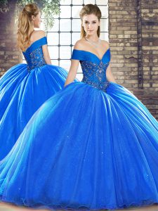 On Sale Organza Off The Shoulder Sleeveless Brush Train Lace Up Beading Ball Gown Prom Dress in Royal Blue