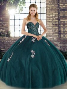 Peacock Green Sweetheart Lace Up Beading and Appliques Sweet 16 Quinceanera Dress Sleeveless