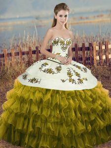 Olive Green Ball Gowns Sweetheart Sleeveless Organza Floor Length Lace Up Embroidery and Ruffled Layers and Bowknot Quinceanera Gowns