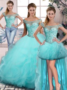 Designer Aqua Blue Lace Up Quinceanera Gown Beading and Ruffles Sleeveless