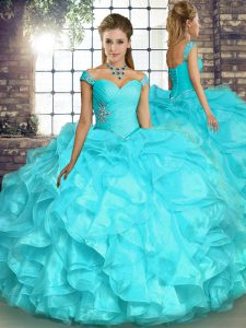 Discount Aqua Blue Ball Gowns Off The Shoulder Sleeveless Organza Floor Length Lace Up Beading and Ruffles Sweet 16 Dress