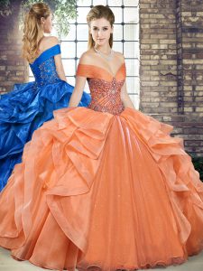Customized Off The Shoulder Sleeveless Lace Up Quinceanera Gown Orange Organza