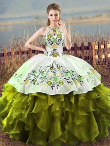 Custom Designed Sleeveless Floor Length Embroidery and Ruffles Lace Up Quinceanera Dress with Olive Green