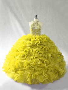 Halter Top Sleeveless Quinceanera Gowns Brush Train Beading and Ruffles Yellow Green Organza