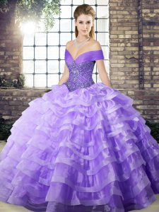 Lavender Lace Up 15 Quinceanera Dress Beading and Ruffled Layers Sleeveless Brush Train