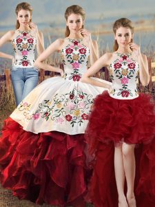 Floor Length Lace Up Sweet 16 Dresses White And Red for Sweet 16 and Quinceanera with Embroidery and Ruffles