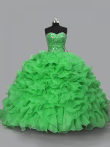 Green Organza Lace Up Sweetheart Sleeveless Floor Length Quinceanera Dress Beading and Ruffles