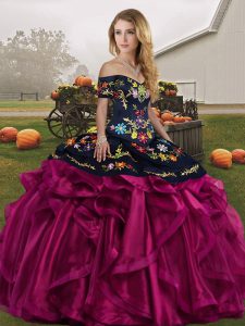 Off The Shoulder Sleeveless 15th Birthday Dress Floor Length Embroidery and Ruffles Fuchsia Organza