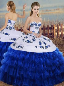 Royal Blue Lace Up Quinceanera Gown Embroidery and Ruffled Layers Sleeveless Floor Length