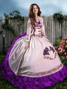 Sleeveless Floor Length Embroidery and Ruffles Lace Up 15 Quinceanera Dress with Purple