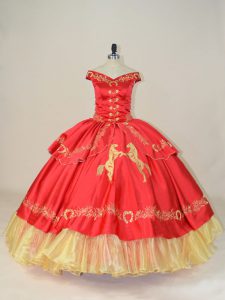 Satin and Organza Off The Shoulder Sleeveless Lace Up Embroidery Quince Ball Gowns in Red