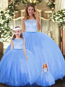 Blue Tulle Clasp Handle Scoop Sleeveless Floor Length Sweet 16 Dresses Lace