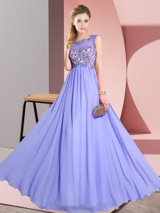 Most Popular Floor Length Backless Quinceanera Court of Honor Dress Lavender for Wedding Party with Beading and Appliques