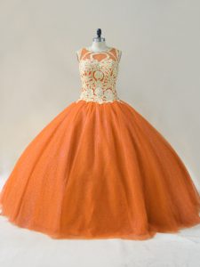 Orange Ball Gowns Scoop Sleeveless Tulle Floor Length Lace Up Beading and Appliques Quince Ball Gowns