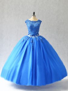 Customized Tulle Scoop Sleeveless Lace Up Beading and Appliques Sweet 16 Dresses in Blue
