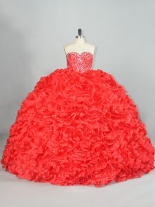 Red Ball Gowns Sweetheart Sleeveless Organza Brush Train Lace Up Beading and Ruffles 15 Quinceanera Dress
