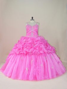 Glittering Baby Pink Sweet 16 Dress Straps Sleeveless Brush Train Lace Up