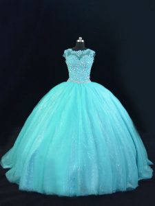 Scoop Sleeveless Tulle Sweet 16 Quinceanera Dress Beading and Lace Lace Up