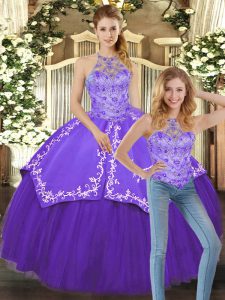 Exquisite Purple Halter Top Lace Up Beading and Embroidery Quinceanera Gowns Sleeveless