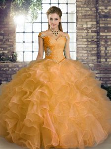 Elegant Orange Ball Gowns Organza Off The Shoulder Sleeveless Beading and Ruffles Floor Length Lace Up Quinceanera Dress