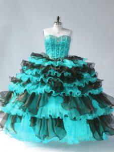 Spectacular Blue And Black Lace Up Sweetheart Beading and Ruffled Layers Sweet 16 Dress Organza Sleeveless