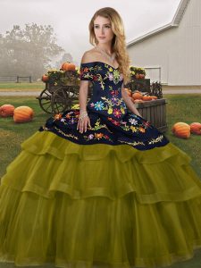 Off The Shoulder Sleeveless Tulle Quinceanera Gown Embroidery and Ruffled Layers Brush Train Lace Up